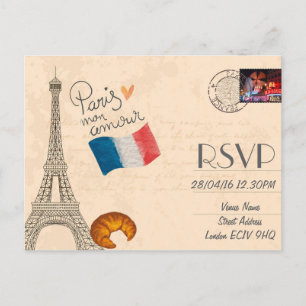 Paris Themed Wedding RSVP Invitation with Photo Postcard