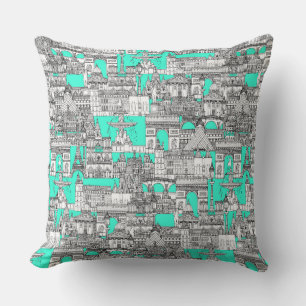 Paris toile aquamarine throw pillow