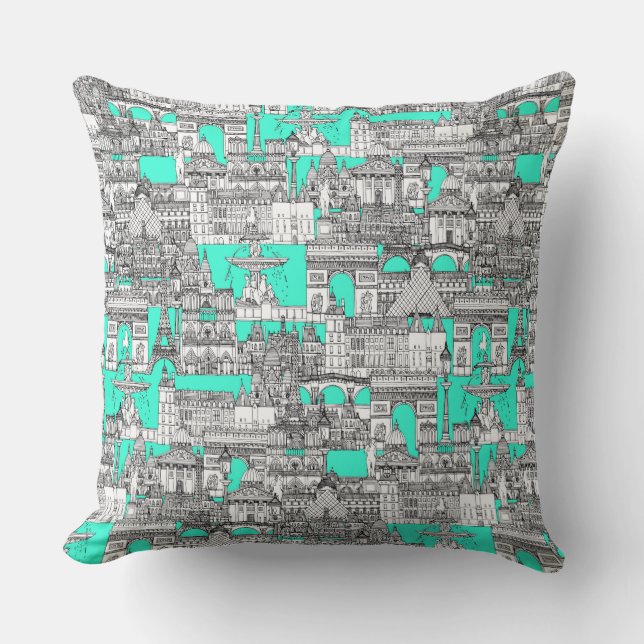 Paris toile aquamarine throw pillow (Front)
