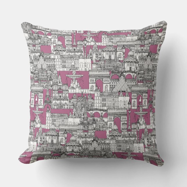Paris toile raspberry throw pillow (Front)