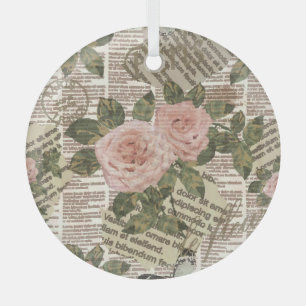 Paris Travel: Vintage Newspaper Wallpaper. Glass Ornament