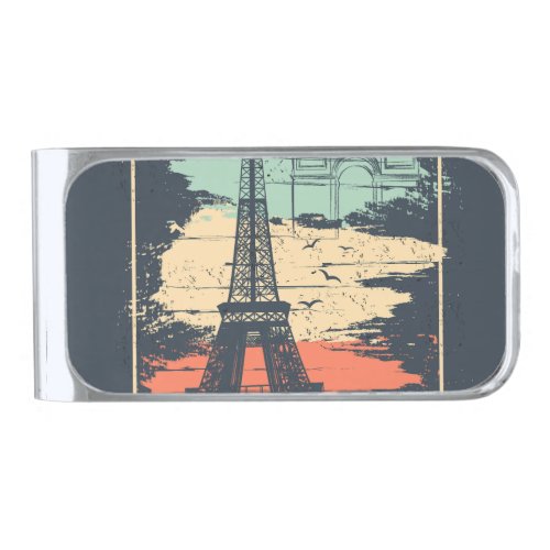 Paris typography abstract Eiffel poster Silver Finish Money Clip