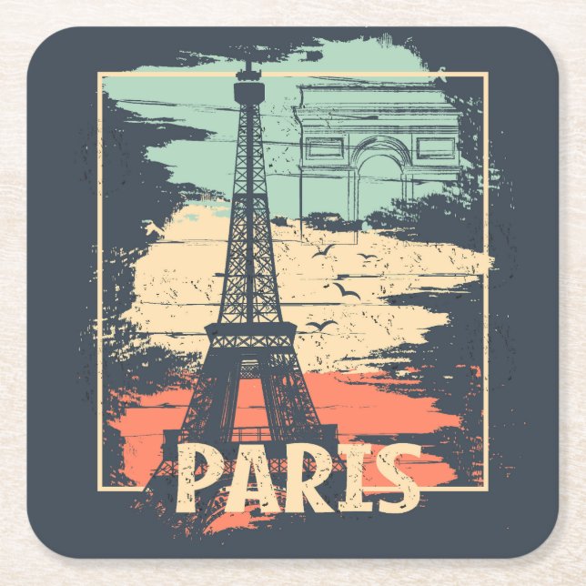Paris typography: abstract Eiffel poster. Square Paper Coaster (Front)