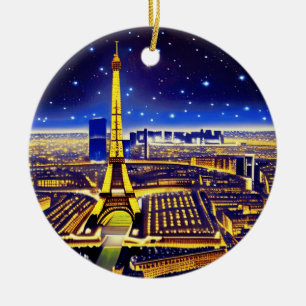 Paris Under a Purple Starry Sky Ceramic Ornament