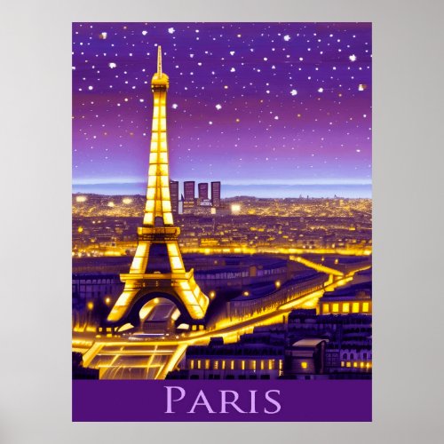 Paris Under a Purple Starry Sky Poster