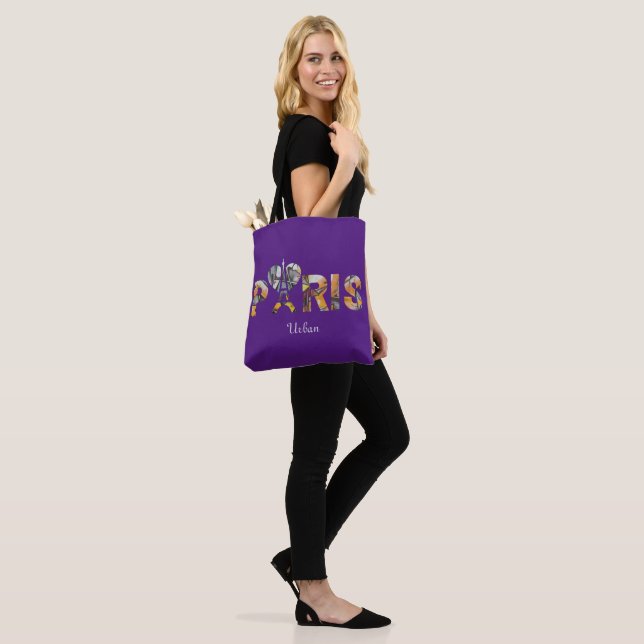 Paris Urban Art Tote Bag – Eiffel Tower Typography (On Model)