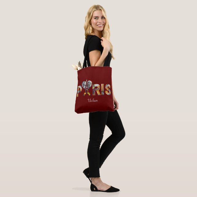 Paris Urban Art Tote Bag – Eiffel Tower Typography (On Model)