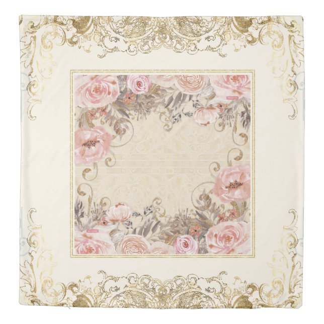 Paris Versailles Pink Floral Foliage Gold Baroque Duvet Cover (Back)