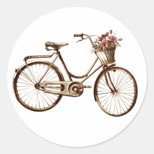 Paris Vintage Bike Bicycle Basket Flowers Roses Classic Round Sticker