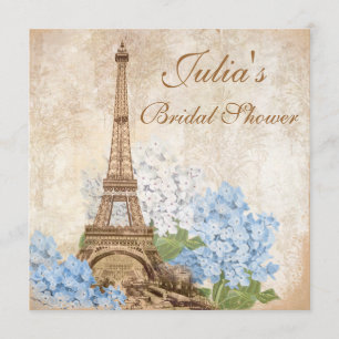 Paris Vintage Blue Hydrangea Bridal Shower Invitation