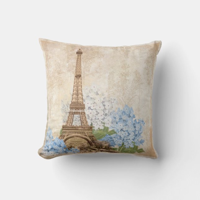 Paris Vintage Blue Hydrangea Pillow (Front)