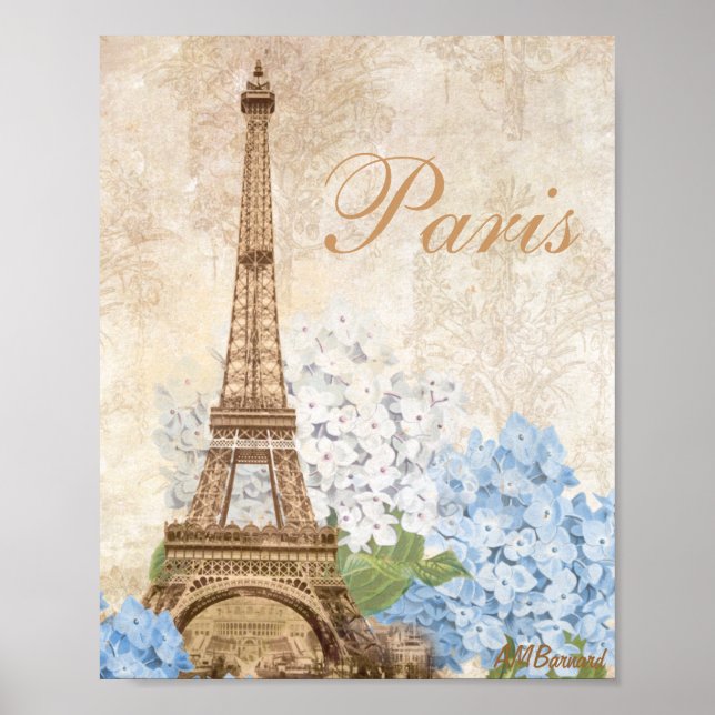 Paris Vintage Blue Hydrangea Print or Poster (Front)