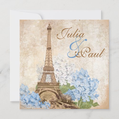 Paris Vintage Blue Hydrangea Wedding Invitation