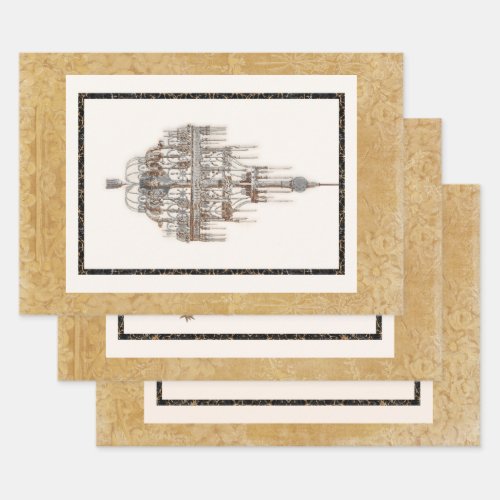 Paris Vintage Chandelier Trio Black Gold Decoupage Wrapping Paper Sheets