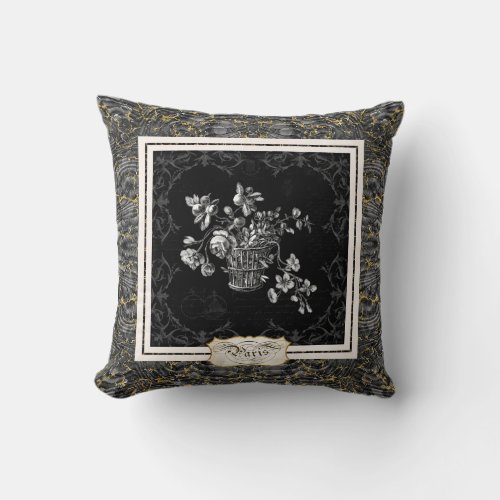 Paris Vintage Flowers Marble Black n Gold Glitter Throw Pillow