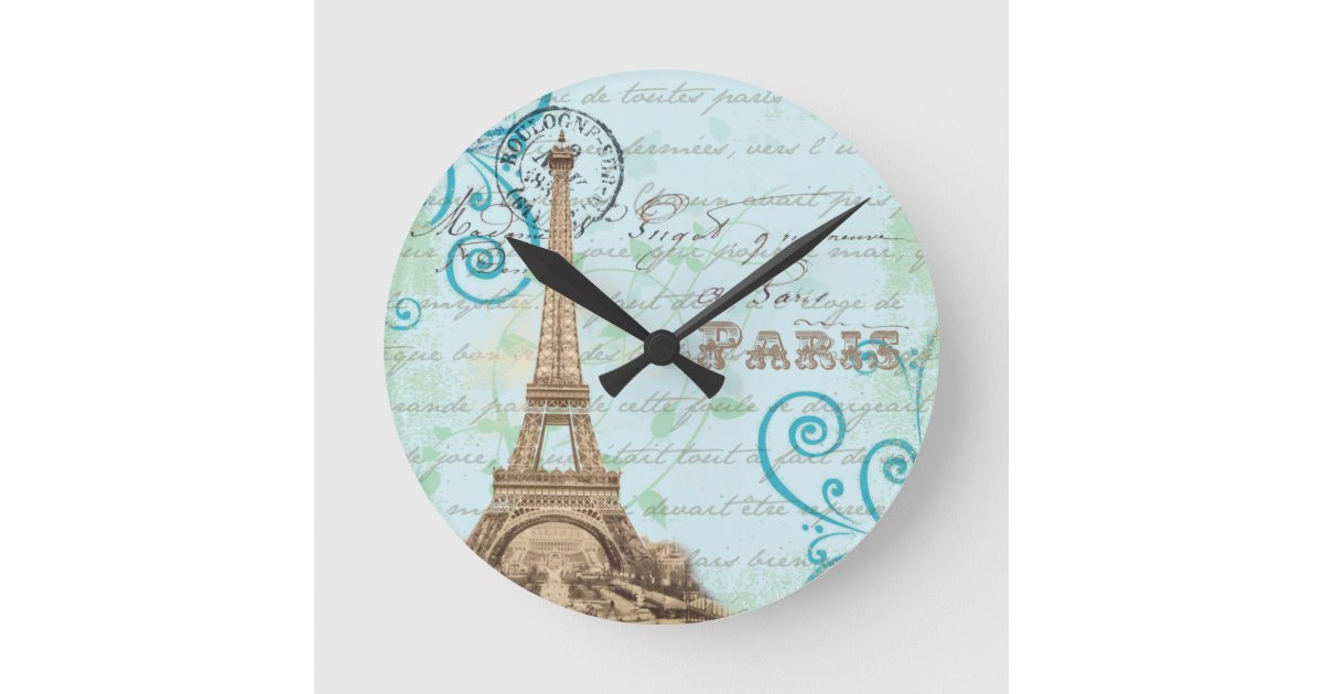 Paris Vintage French Writing Aqua Clock | Zazzle