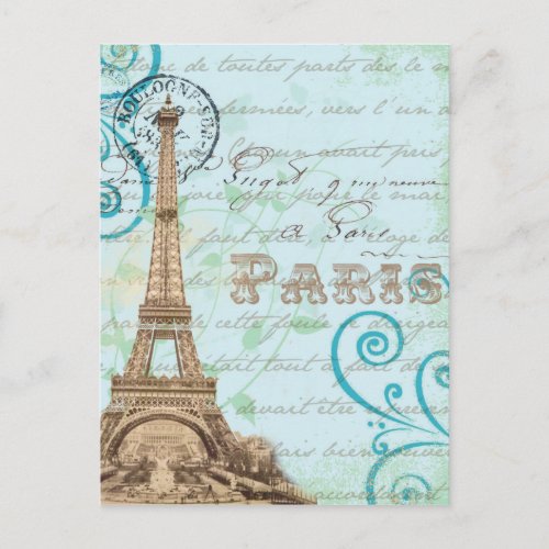 Paris Vintage French Writing Aqua Postcard