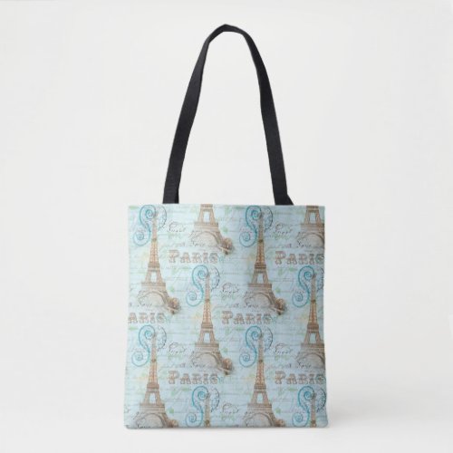 Paris Vintage French Writing Aqua Tote Bag