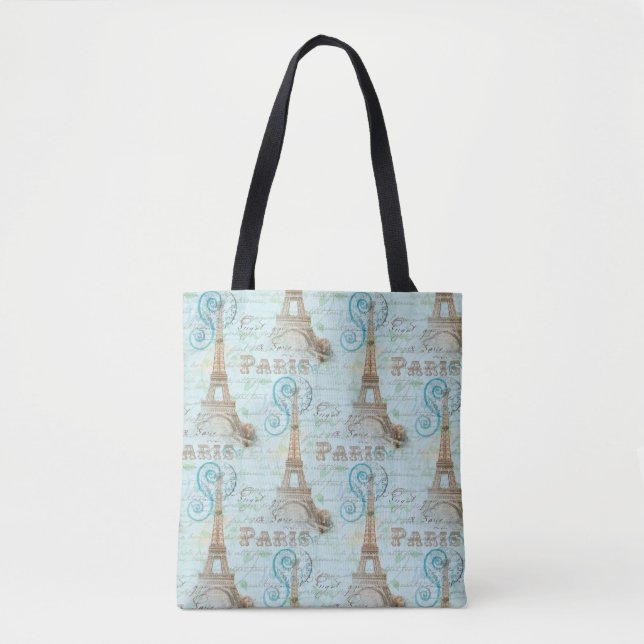 Paris Vintage French Writing Aqua Tote Bag (Front)