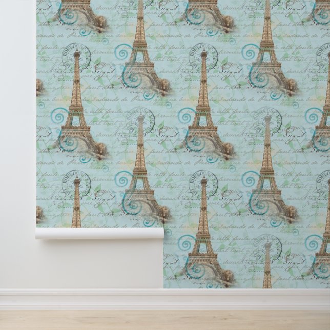 Paris Vintage French Writing Aqua Wallpaper Wallpaper (Application)