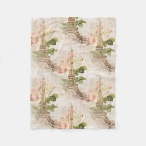 Paris Vintage Pink Roses Fleece Blanket