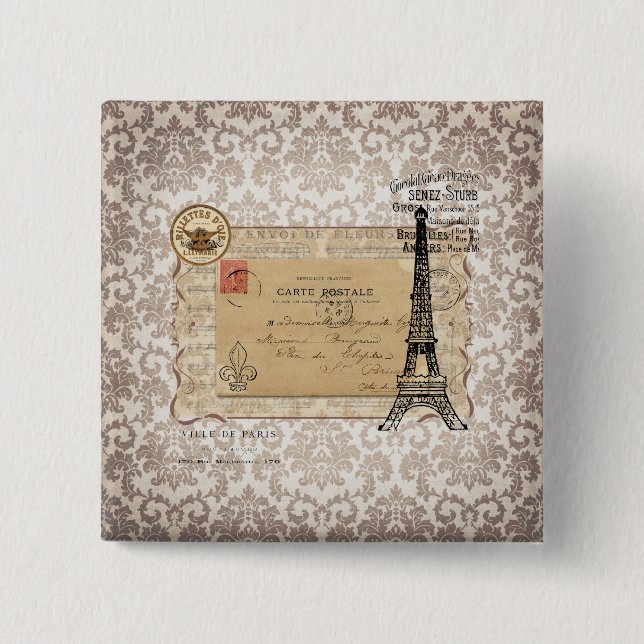 Paris Vintage Shabby Chic Eiffel Tower Button (Front)