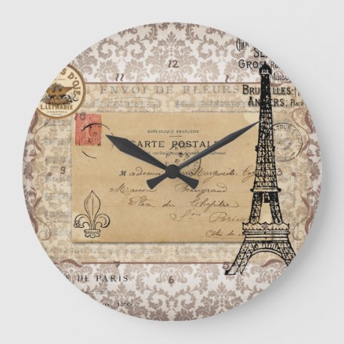 Paris Vintage Shabby Chic Eiffel Tower Large Clock