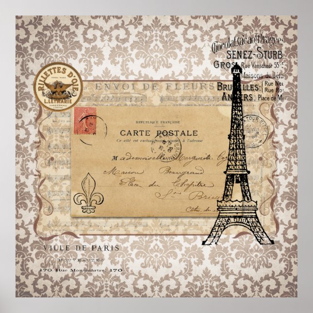 Paris Vintage Shabby Chic Eiffel Tower Poster (Front)