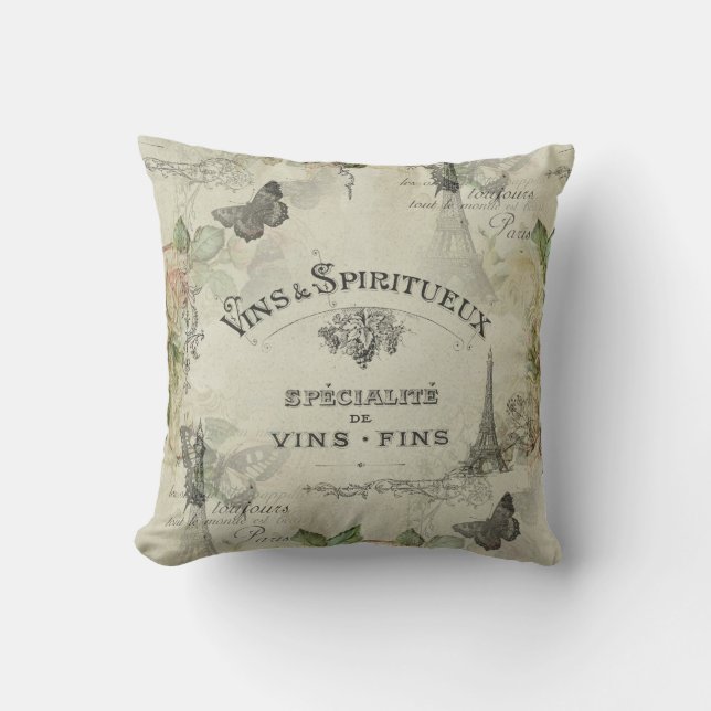 Paris Vintage Wine and Roses Pillow (Front)