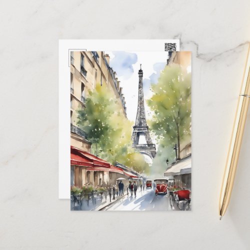 Paris watercolor art postcard