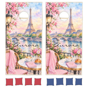 Paris Watercolor Eiffel Tower Pink Floral French Cornhole Set