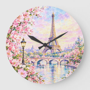 Paris Watercolor Eiffel Tower Pink Floral French Large Clock