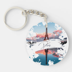 Paris Watercolor Splash Art T-Shirt Eiffe Tower Keychain