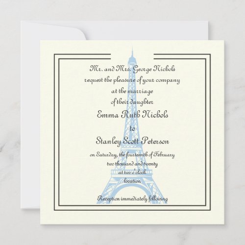 Paris wedding blue Eiffel Tower ivory invitation