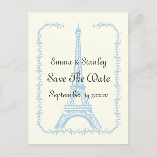 Paris wedding blue Eiffel Tower Save the Date Announcement Postcard