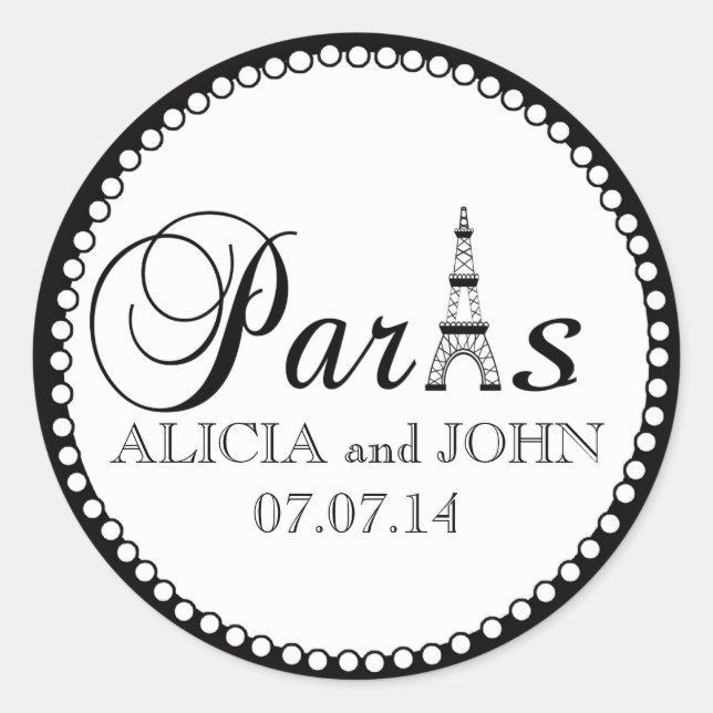 Paris Wedding Favour Cake Box Stickers Name Date (Front)