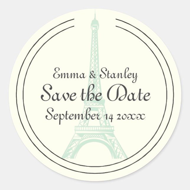 Paris wedding mint Eiffel Tower Save the Date Classic Round Sticker (Front)