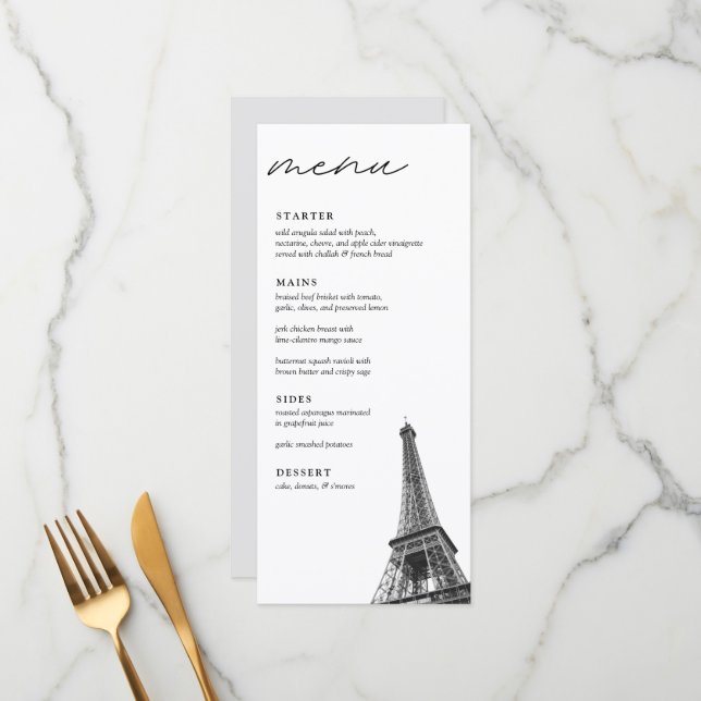 Paris Wedding Modern Elegant Dinner Menu (Front/Back In Situ)