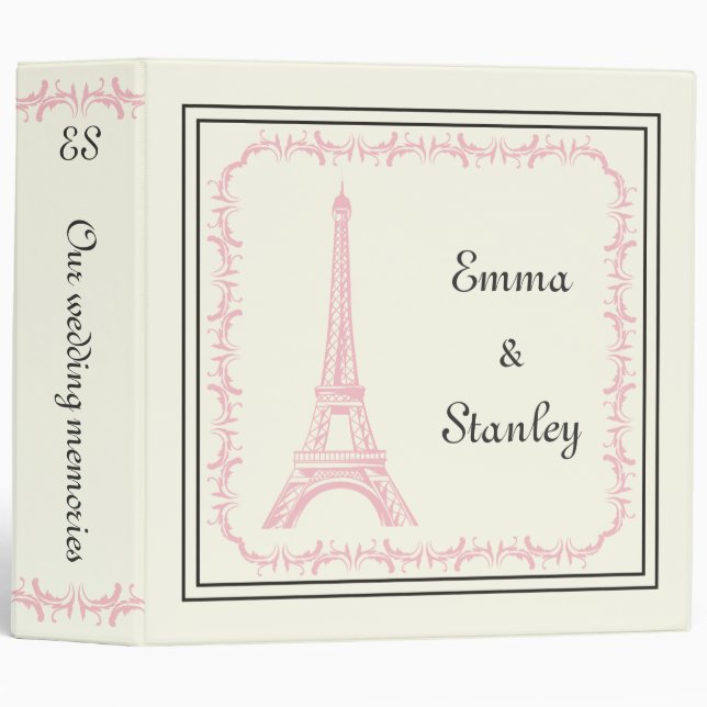 Paris wedding pink Eiffel Tower on ivory binder (Front/Spine)