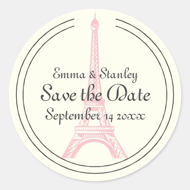 Paris wedding pink Eiffel Tower Save the Date Classic Round Sticker (Front)
