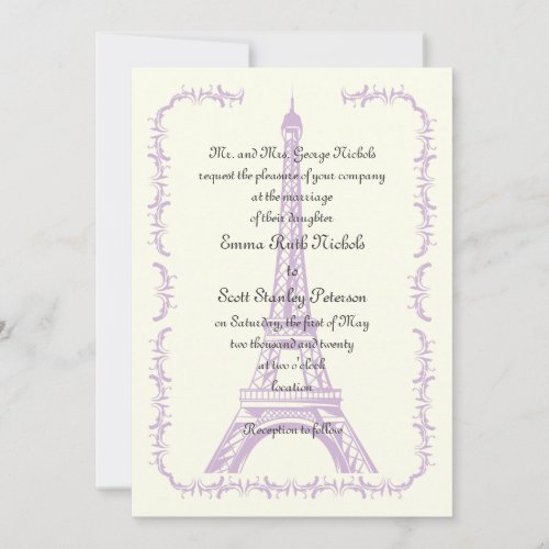Paris wedding purple Eiffel Tower ivory invitation