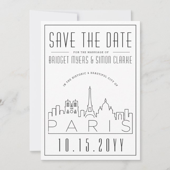 Paris Wedding | Stylized Skyline Save the Date Invitation (Front)