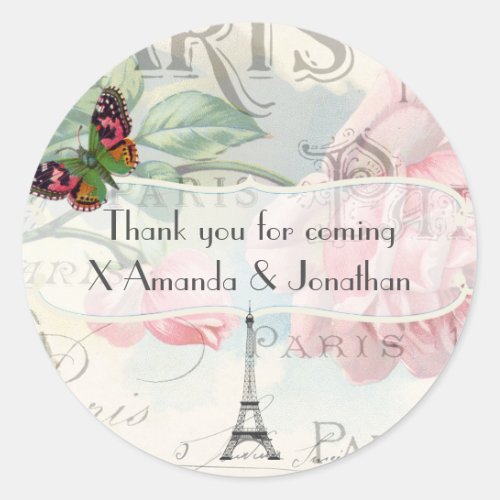 Paris Wedding Vintage Shabby_Chic Pink Rose Custom Classic Round Sticker