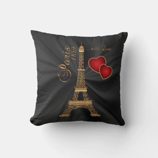 Paris with Love in Metallic Gold Throw Pillow (Front)