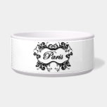 Paris with Scrolls Bowl<br><div class="desc">An elegant scrolling frame with the word Paris written in a lovely scripted font. The perfect gift for the happy couple who honeymooned in Paris or for your best friend who always wanted to visit the City of Light. Also available in purple.</div>