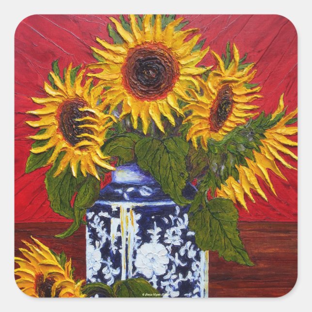 Paris' Yellow Sunflower on Red Background Square Sticker (Front)
