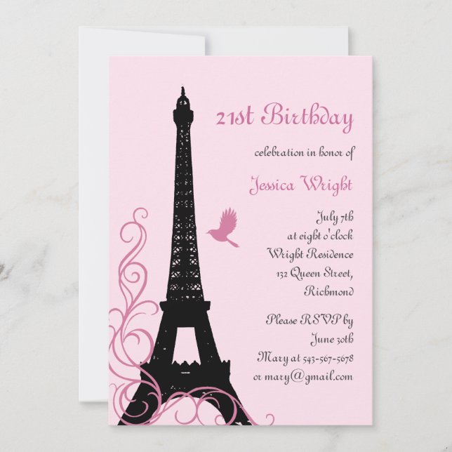 Parisian 21st Birthday Invitation (pink) (Front)