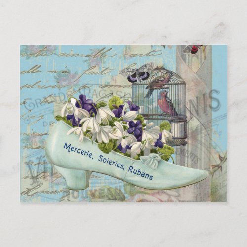 Parisian art decoupage _ pretty blue shoes flowers postcard