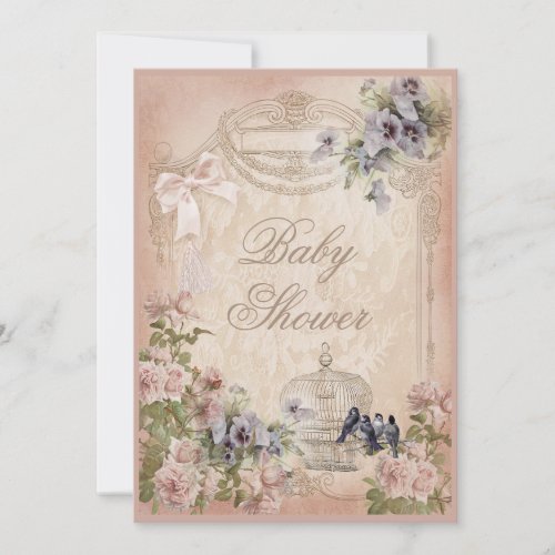 Parisian Birdcage, Birds and Flowers Baby Shower Invitation - Parisian birdcage, birds and flowers baby shower invitations for girls.  Shabby chic vintage collage personalized custom baby girl shower invites with an elegant French style birdcage and birds, beautiful pink roses and blue pansy flowers, stylish antique ornate border frame with swags and flat printed image pink bow on a pretty faded pink pattern background. Classy, romantic, feminine, glamorous, girly, classic, old fashioned floral Paris double sided invites for girl's baby showers to celebrate the mom to be. All text is fully customizable / personalizable to suit your needs - lots of fonts & colors to choose from. These cute, sophisticated, unique and original personalized, custom invitations are printed on both sides / have double sided printing.
