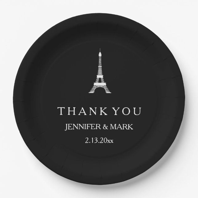 Parisian Black and White Wedding Eiffel Tower Paper Plates (Front)